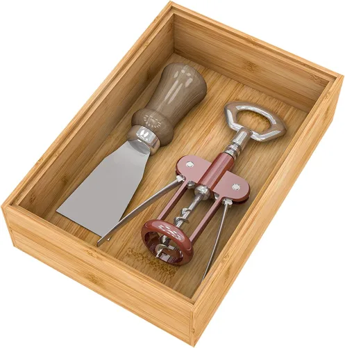 Organizador de utensilios de cubiertos, organizador de cajones de cubiertos – Soporte apilable de bambú para cubiertos, bandejas de almacenamiento