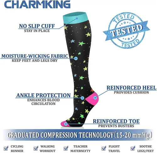 Miniatura 4 de CHARMKING 6 pares de calcetines de compresión para mujeres y hombres, el mejor apoyo para enfermeras, correr, atletismo, viajes de vuelo