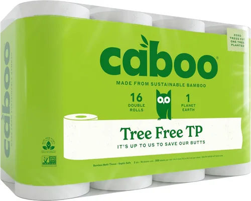 Caboo Papel higiénico sin árboles, tejido de baño seguro séptico, hojas suaves de 2 capas, 300 hojas por rollo, 16 rollos dobles