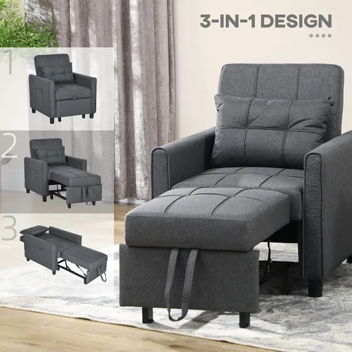 Miniatura 6 de HOMCOM Silla convertible 3 en 1, sofá cama individual multifuncional, silla extraíble con respaldo ajustable, almohada y bolsillos, color gris