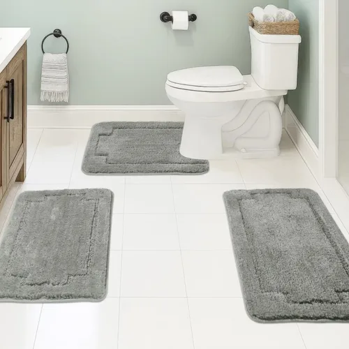 Miniatura 20 de Juego de 3 alfombras de baño suaves y absorbentes, peludas, suaves, antideslizantes, para ducha, bañera y bañera, lavables a máquina