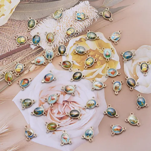 Miniatura 6 de 100 piezas de esmalte de cuadros de oro con medalla milagrosa de Nuestra Señora, Rosario floral, centro de mesa, cruz de Jesús, Virgen María