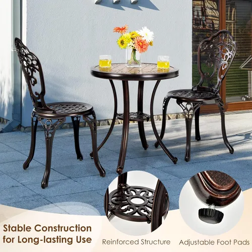 Miniatura 6 de Giantex Juego de 3 piezas de patio bistró, mesa y sillas de patio de aluminio fundido con pies ajustables, sillas de comedor al aire libre y juego