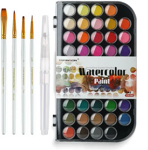 TRANSON Juego de pintura de acuarela de 48 colores con 4 pinceles de pintura y 1 pincel de agua para adultos, estudiantes, principiantes y artistas