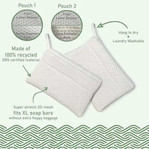Miniatura 7 de Paquete de 2 bolsas de jabón exfoliante para jabón en barra, limpiador de baño de lufa para jabón en barra en una cuerda. 2 niveles de rugosidad