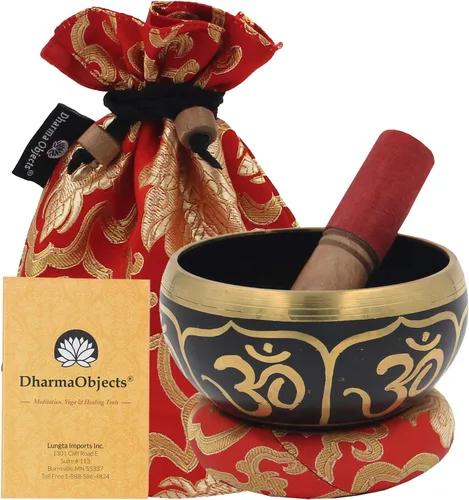 DharmaObjects Mediano ~ Juego de cuencos cantantes hindú OM ~ con mazo, cojín de brocado y bolsa de transporte ~ para meditación, curación de