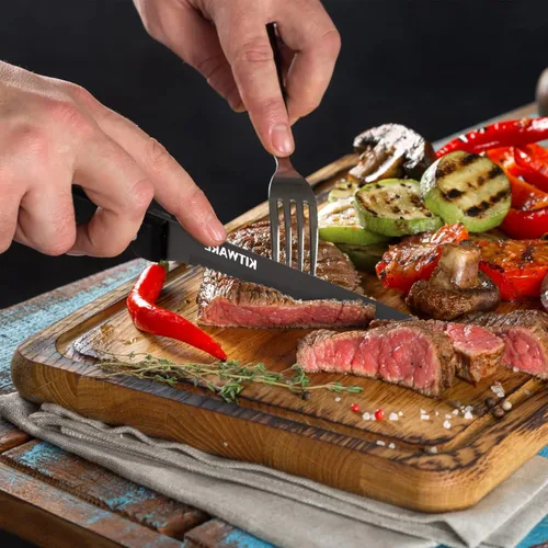 Miniatura 5 de Juego de 6 cuchillos negros para carne, juegos de carne afilados y dentados con caja de regalo, cubertería de mesa de acero inoxidable de 4.5