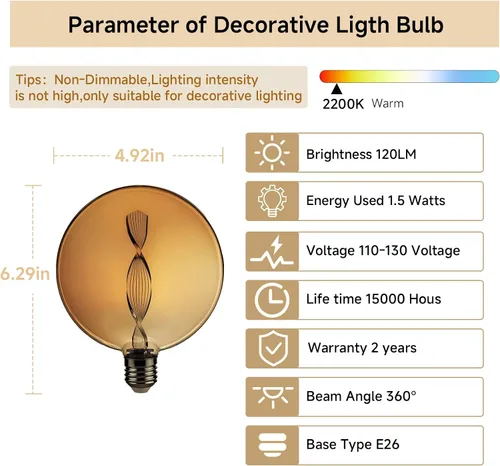 Miniatura 3 de Bombilla LED decorativa, redonda, 2200 K cálida, base E26 de 1.5 W (no regulable), bombillas de vidrio ámbar, bombillas espirales únicas, ambiente