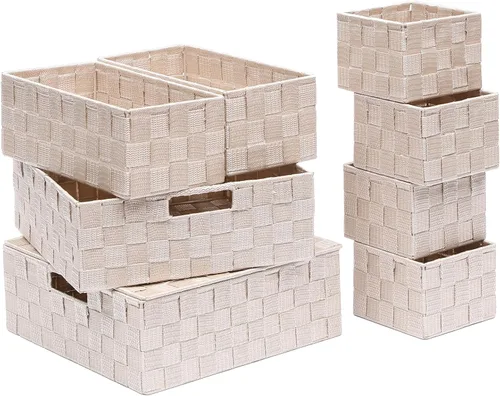 Miniatura 15 de Juego de 4 cestas de almacenamiento tejidas de polipropileno con marco de metal, cajas de tela apilables para cajones, armario, estante, guardería