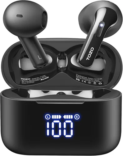 TOZO Auriculares inalámbricos T21 Bluetooth de 5.3 pulgadas, micrófono dual, cancelación de ruido, IPX8, reproducción de 44 horas, sonido estéreo