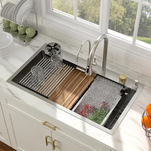Miniatura 40 de Fregadero de cocina de 25 pulgadas, fregadero de un solo cuenco, color negro mate, calibre 18, 25 x 22 pulgadas, acero inoxidable, montaje superior