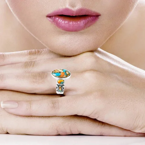 Miniatura 2 de Anillos de turquesa de plata de ley 925 y turquesa auténtica (SELECT COLOR)