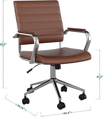 Miniatura 3 de Martha Stewart Piper - Silla giratoria con reposabrazos para oficina en casa en piel sintética marrón con marco de níquel pulido