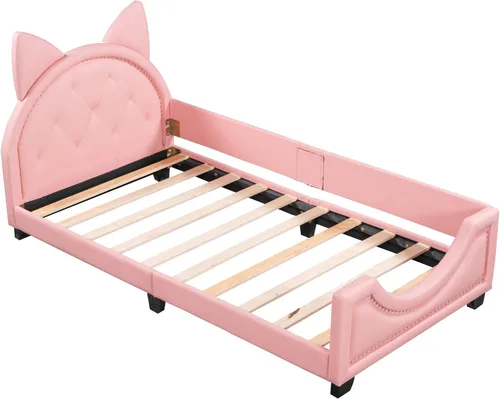 Miniatura 5 de FridayParts Sofá cama tapizado de tamaño individual con cabecero en forma de orejas de cartón, rosa Rosado