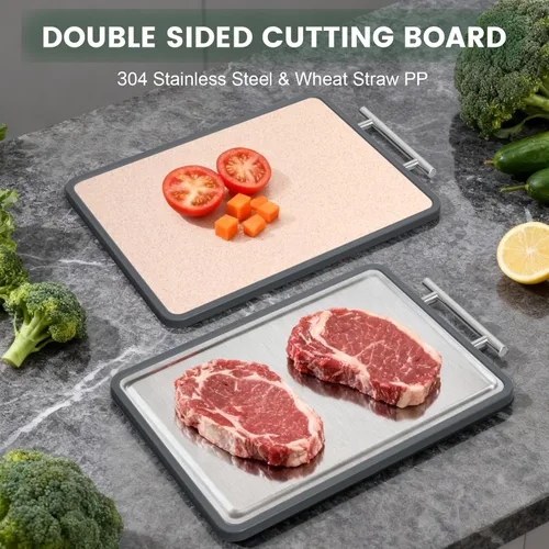 Miniatura 3 de Tabla de cortar pequeña de acero inoxidable de 8 x 10 pulgadas, tabla de cortar de acero de doble cara para cocina, paja de acero y trigo, tabla
