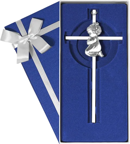 Tryuunion Cruz de pared para bebé, regalos de bautizo para niña, cruces de 7 pulgadas plateadas para niñas orando, ideales para primera comunión,