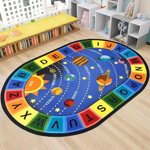 Tapete de aprendizaje educativo para niños, 3 x 4 pies, tapete decorativo con diseño de planeta y alfabeto ABC, ovalado, grande, antideslizante,