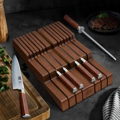 Miniatura 5 de HOSHANHO Bloque de cuchillos en el cajón, organizador grande de cajones de cuchillos de bambú para 12 cuchillos, soporte para cuchillos de cocina