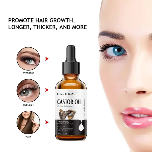 Miniatura 4 de Lanthome Aceite de ricino orgánico prensado en frío (1.7 onzas con kit de pestañas), aceite de ricino negro para pestañas, cejas y crema hidratante