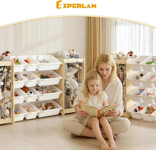 Miniatura 9 de EXPERLAM Organizador grande de almacenamiento de juguetes, almacenamiento de animales de peluche de madera y organizador de juguetes de 12 Blanco