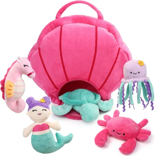 BenBen Paquete de 5 animales de peluche del océano, juguetes de peluche de criatura marina con bolsa de transporte de concha, lindos peluches para