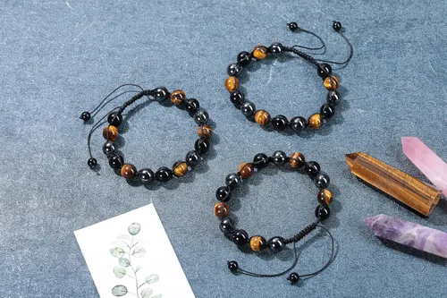 Miniatura 3 de Jovivi Pulsera de piedra de cristal de ojo de tigre de obsidiana negra de 0.315 in0.394 in para hombre, pulsera de piedra de lava con cuentas