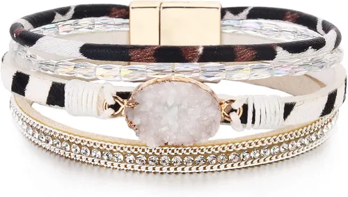 Miniatura 25 de FANCY SHINY - Pulsera de cuero estilo bohemio, pulsera de cuentas de cristal con cierre magnético, regalos de joyería para mujer