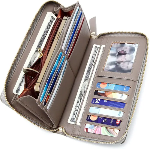 Miniatura 3 de GEEAD Billeteras para mujer de gran capacidad de piel sintética para tarjetas de crédito, Gris