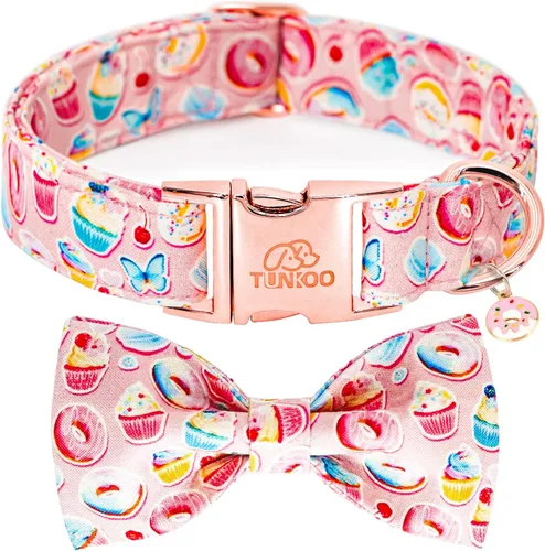 Tunkoo - Collar de perro rosa con moño lindo tipo pastel - Collar para mascotas duradero, ajustable y elegante. Disponible en talla pequeña, Collar