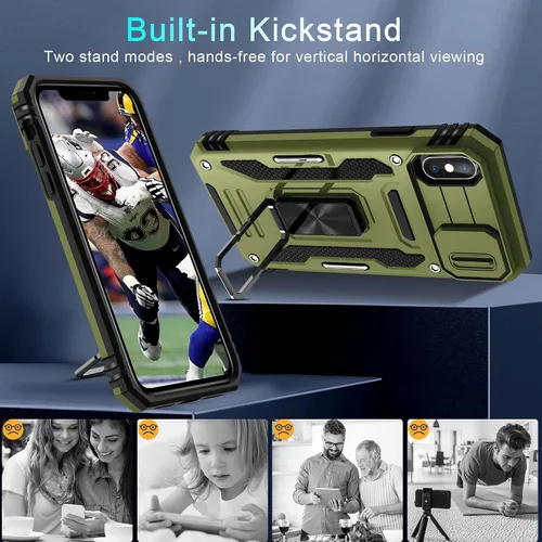 Miniatura 284 de DEERLAMN Funda para iPhone Xs Max con funda deslizante para cámara + protector de pantalla, soporte giratorio de anillo de grado militar a prueba