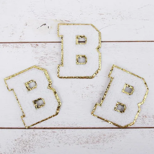 Miniatura 131 de Paquete de 3 parches de felpilla termoadhesivos con brillantina de las letras "S" de 2.0 in de alto, tela de felpilla negra con ribete dorado