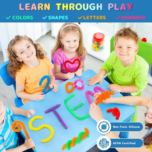 Miniatura 6 de Juguetes Sensoriales Pop Tubes – Paquete de 30 Juguetes Fidget Elásticos con 10 Colores, Juguetes para Aliviar el Estrés para Niños y Adultos