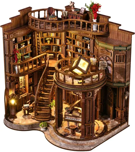 Miniatura 12 de Kit de rincón de libros para adultos, rompecabezas de madera 3D, kit de casa en miniatura de la biblioteca antigua con luz LED y cubierta antipolvo