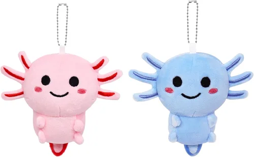 2 llaveros de peluche de ajolote, lindos animales de peluche de ajolote para niños, llavero pequeño y lindo de peluche de ajolote rosa y azul para