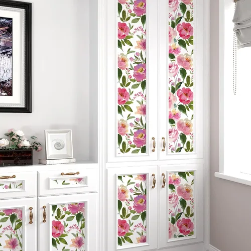 Miniatura 7 de VEELIKE Papel tapiz floral de peonías rosas para despegar y pegar, 17.7 x 354 pulgadas, papel de pared de peonías vintage, autoadhesivo, extraíble