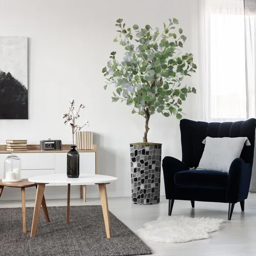 Miniatura 12 de Árbol artificial en macetero moderno con patrón geométrico, palmeras tropicales areca falsas de seda para decoración del hogar en interiores
