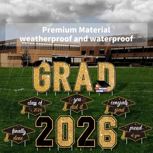 Miniatura 5 de Aneco Letreros impermeables de plástico para patio de graduación 2026, decoraciones de césped al aire libre, 16 pulgadas, purpurina con estacas