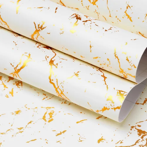 FunStick Papel tapiz moderno de color blanco dorado para despegar y pegar, papel de contacto grueso de mármol blanco roto para encimeras y armarios,