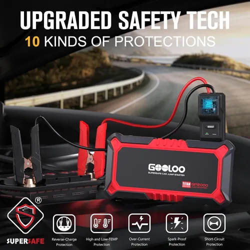 Miniatura 4 de GOOLOO Nuevo Arrancador de Batería GP2000, 12V 2000A Arrancador de Coche (Hasta 8.0L Gasolina, 6.0L Motores Diésel), Cargador de Batería Portátil