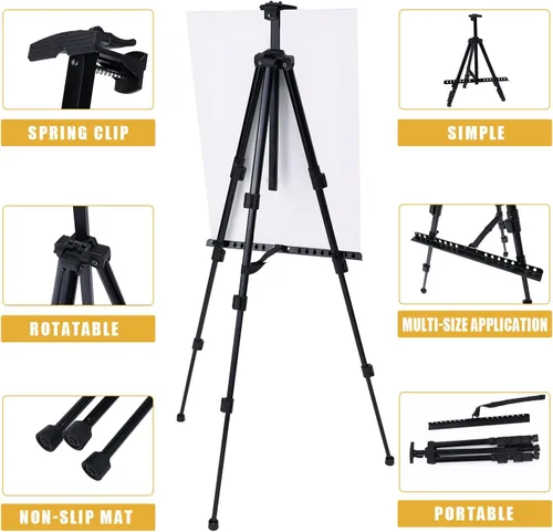 Miniatura 3 de MXG - Caballete portátil de aluminio negro para pintar, letreros, exhibición, caballete de trípode de altura ajustable de 17 a 61 pulgadas