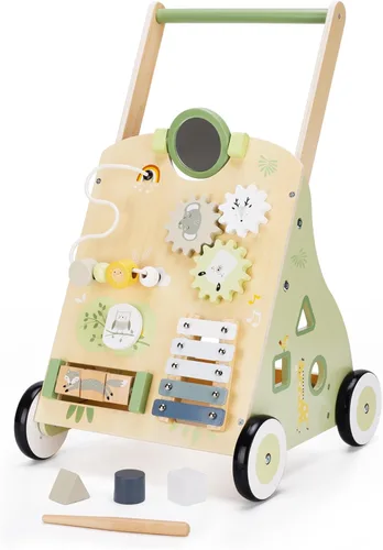 Andador de empuje de madera para bebés y juguete de arrastre de actividades de aprendizaje para niños pequeños - Desarrolla habilidades motoras y