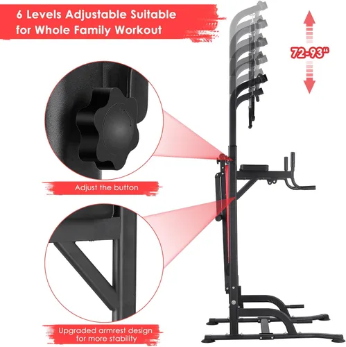 Miniatura 3 de Arlopu Torre de Potencia con Banco, Soporte de Barra de Dominadas, Barra de Fondos con Banco Plegable, 4 Cuerdas Entrenamiento de Fuerza, Equipo