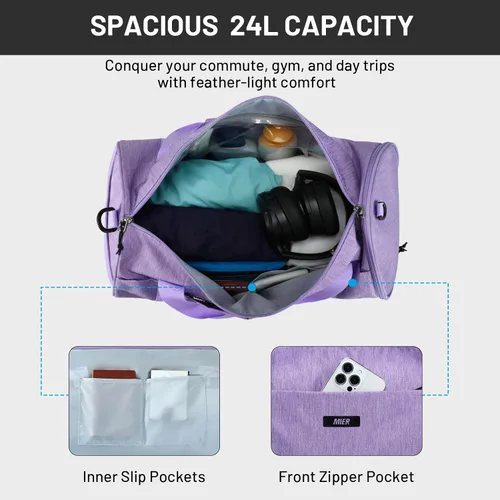 Miniatura 5 de MIER Bolsa de deporte redonda con compartimento para zapatos y bolsillo húmedo, bolsa de mano ligera para hombres y mujeres, entrenamiento, fitness