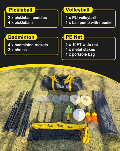 Miniatura 4 de Juego de red portátil todo en uno de 10 pies de bádminton, pickleball y voleibol para niños, media cancha