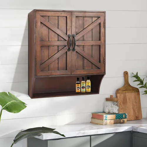 Miniatura 6 de FLORA Armario de almacenamiento montado en la pared, botiquín con puertas, armario de pared de baño vintage de madera sobre inodoro para baño