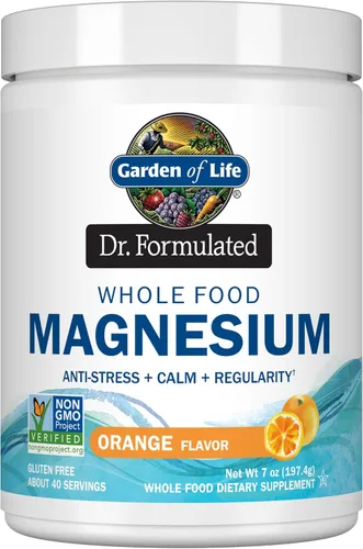 Garden of Life Dr. Formulated - Polvo de Magnesio de Alimentos Integrales de 6.96 oz (197.4g), naranja, quelado, sin OMG, vegano, kosher, sin gluten