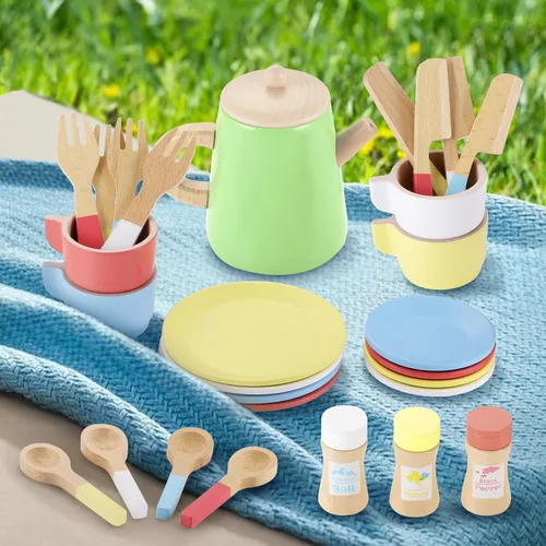 Miniatura 4 de GAGAKU Juego de té de madera y platos de madera 2 en 1, juego de comida de juguete 28 piezas Montessori Play Accesorios de cocina para niños
