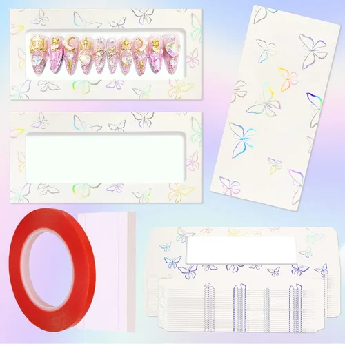 Miniatura 12 de 71 Piezas Caja de Embalaje Vacía de Uñas a Presión 35 Piezas Papeles de Fondo Blanco y 1 Cinta Adhesiva de Doble Cara, Juego de Caja Vacía de Uñas