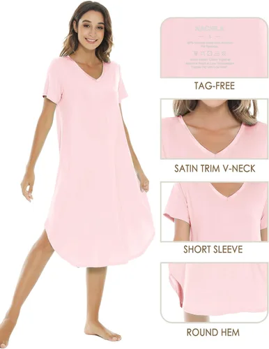 Miniatura 3 de NACHILA Camisones para mujer, viscosa hecha de bambú, cuello en V, manga corta, ropa de dormir fresca S-2X