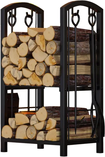 Miniatura 10 de Fire Beauty - Soporte para leña de chimenea con 5 piezas, soporte para troncos con juego de herramientas de 4 piezas, soporte para leña